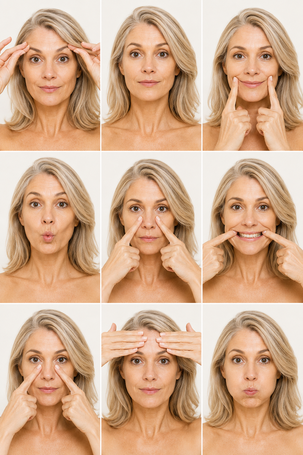 Série de neuf exercices de yoga du visage réalisés par Carole Berthelot