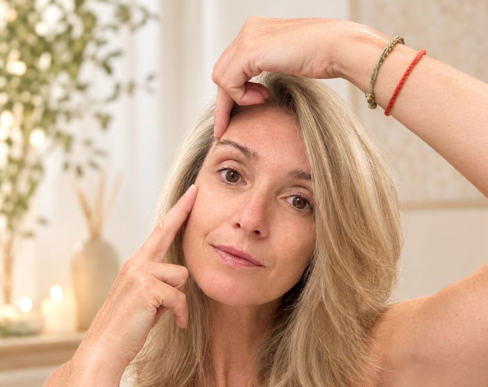 Carole Berthelot réalise un auto-massage du front et de la tempe en yoga du visage