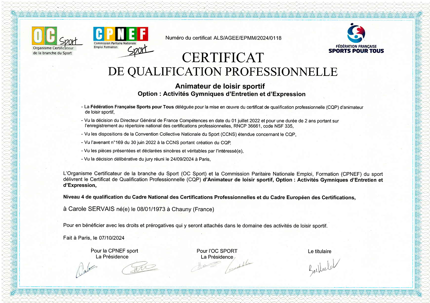 CQP Animateur de Loisir Sportif option AGEE attribué à Carole Berthelot par la Fédération Sports pour Tous