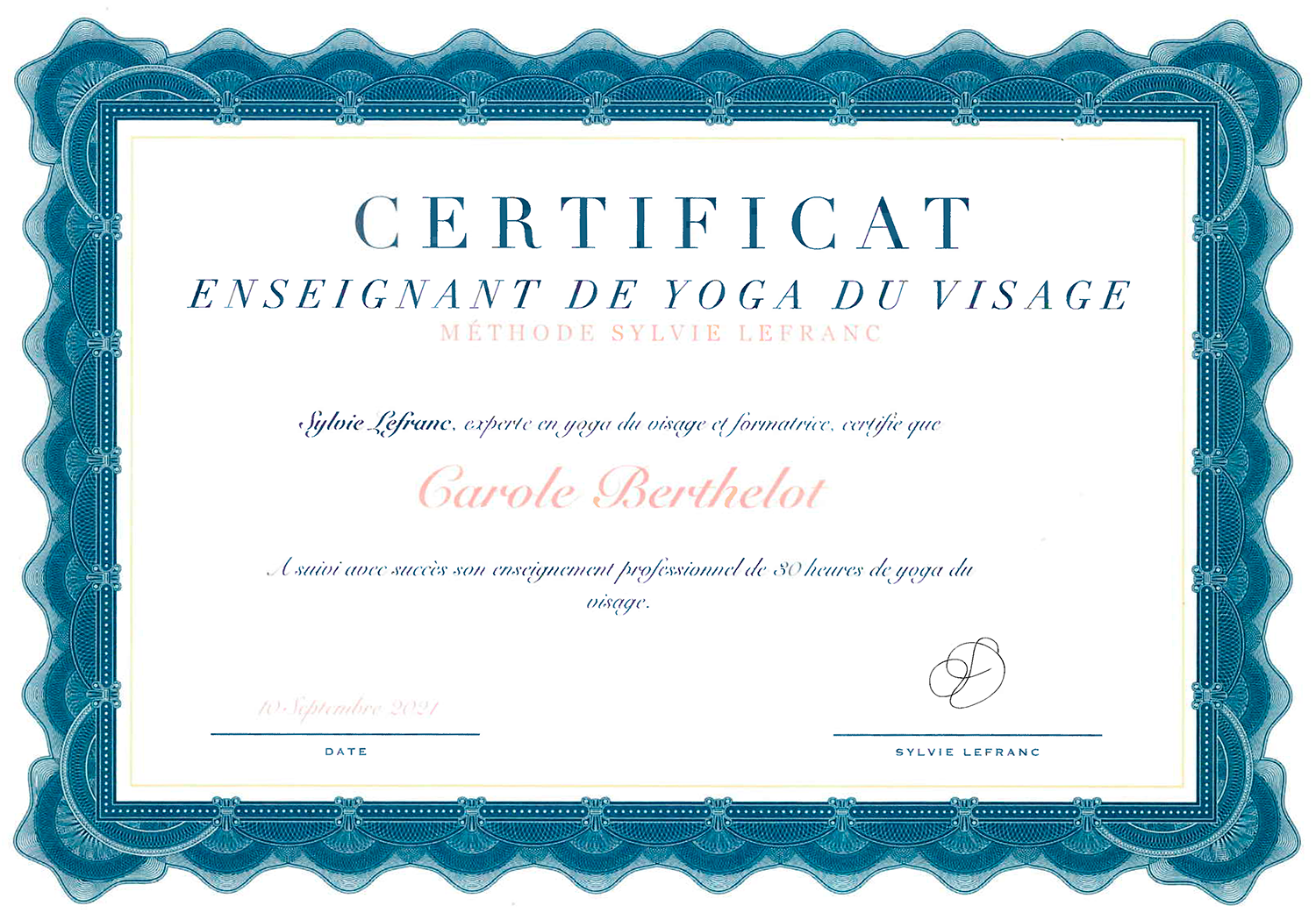 Certificat d’enseignante Yoga du visage de Carole Berthelot certifiée par Sylvie Lefranc