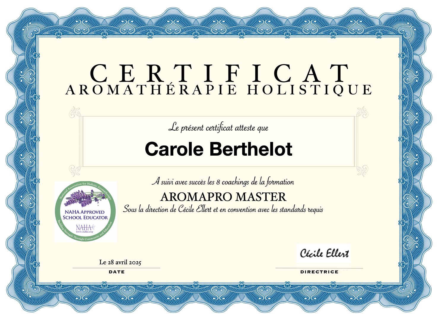 Certification d’aromathérapie holistique de Carole Berthelot certifiée par NAHA