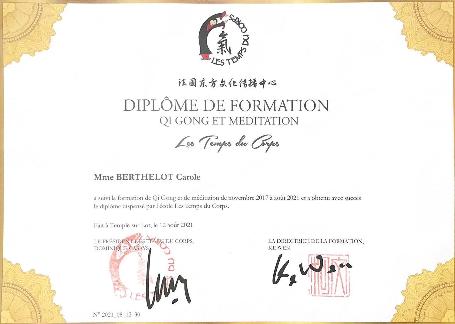 Diplôme de formation Qi Gong thérapeutique DAO YIN Yangsheng Gong obtenu par Carole Berthelot auprès de l’école Les Temps du Corps