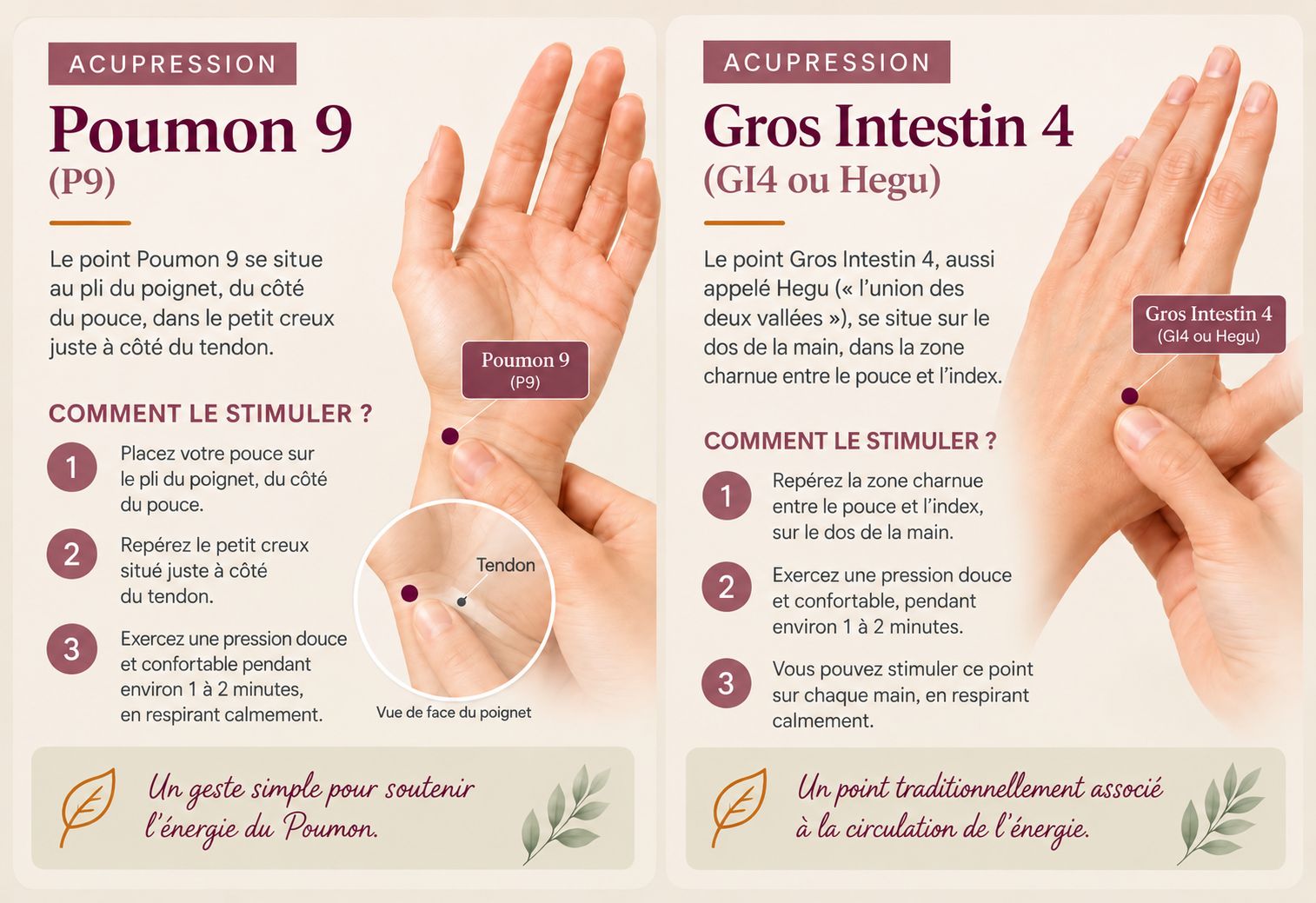 Schéma des points d’acupression Poumon 9 au poignet et Gros Intestin 4 entre le pouce et l’index, avec conseils de stimulation douce.
