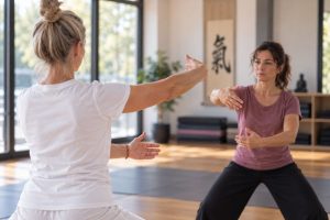 Carole Berthelot de dos guidant une élève pendant un cours particulier de Qi Gong et Tai Chi