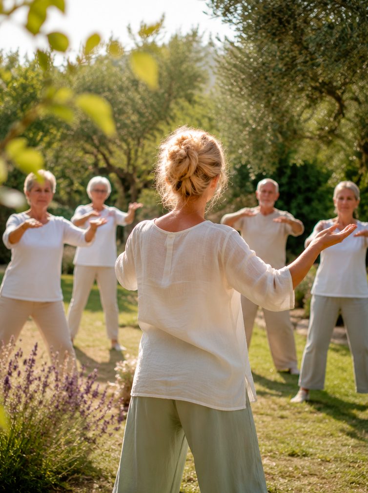 Femme blonde de dos guidant un cours de Qi Gong en extérieur avec des élèves, dans une ambiance douce et estivale