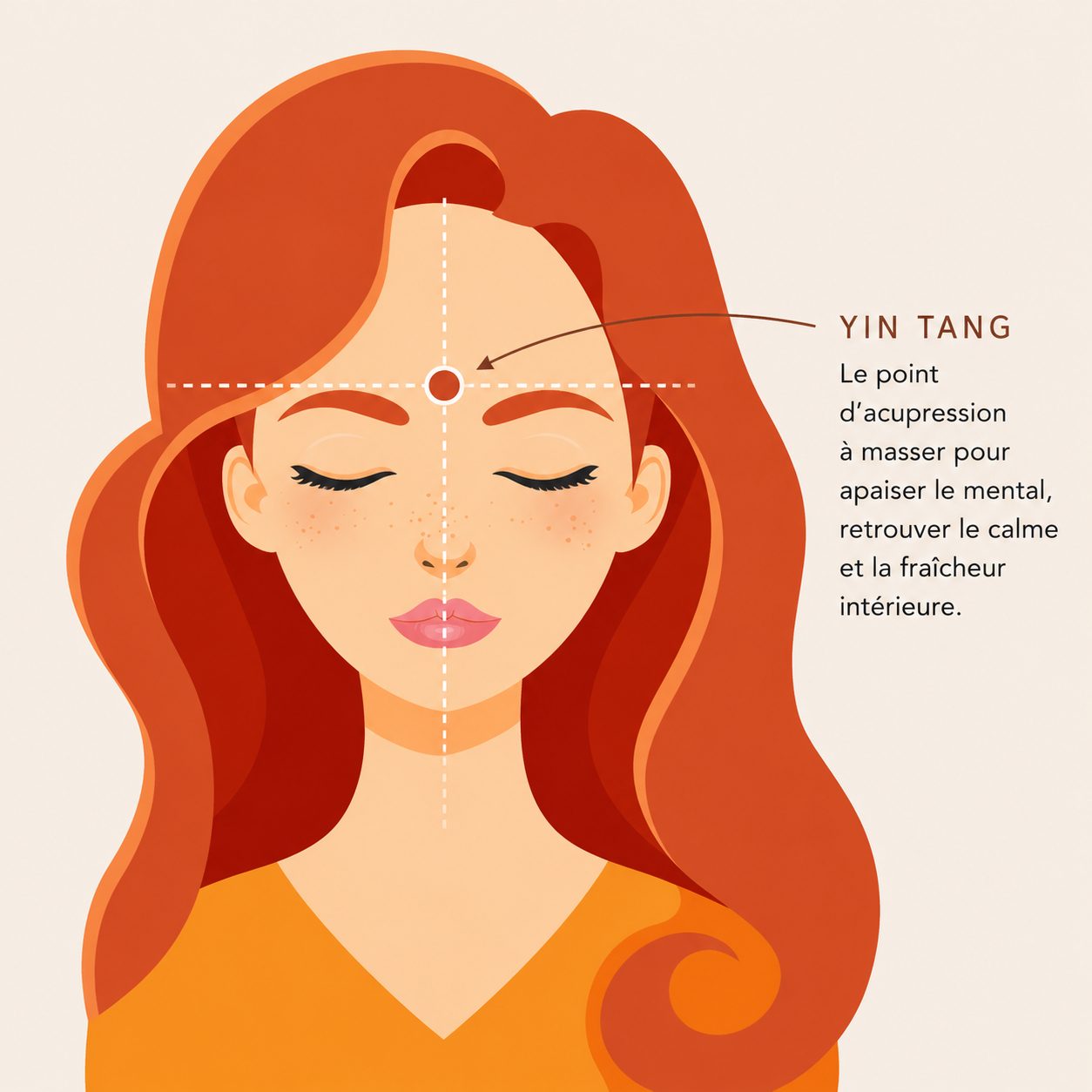 Visuel du point Yin Tang, point d’acupression situé entre les sourcils, pour apaiser le mental et retrouver calme et fraîcheur pendant les fortes chaleurs